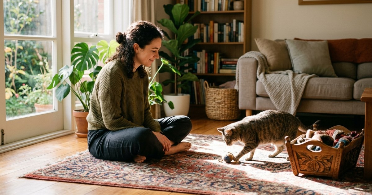 Cat owner observing their cats behaviour with curiosity at home