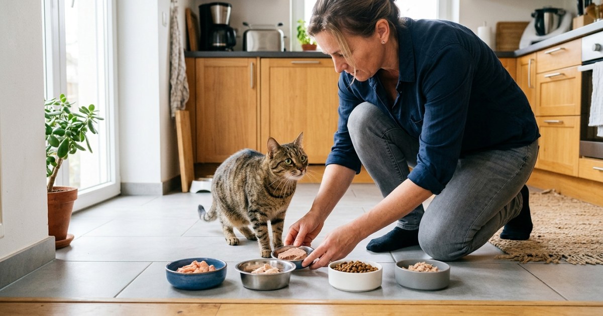 Cat owner placing a variety of different food pouches in front of a cat