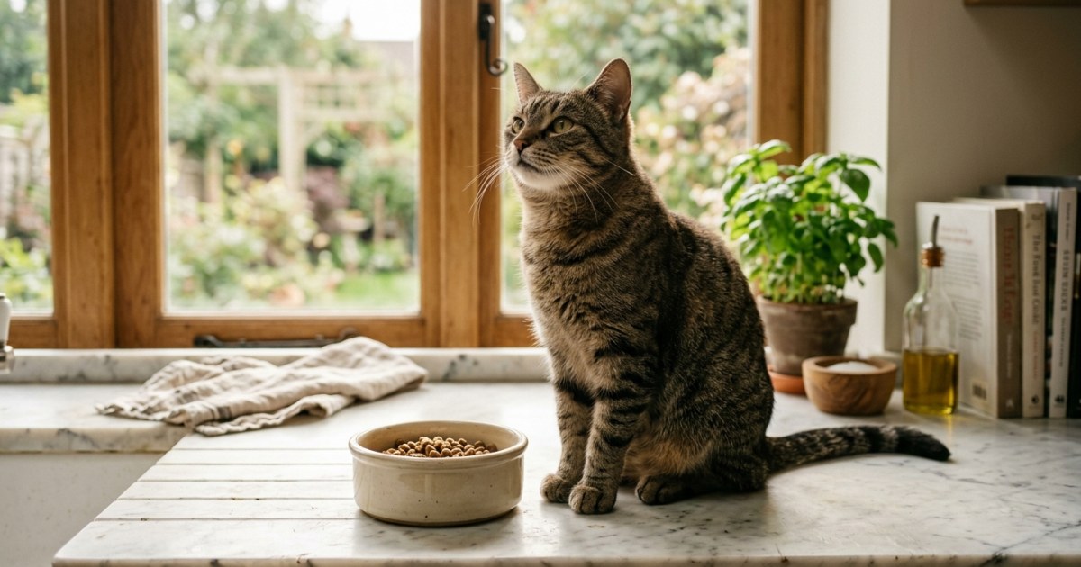 A tabby cat sitting beside a food bowl in a sunlit kitchen, looking disinterested in its meal