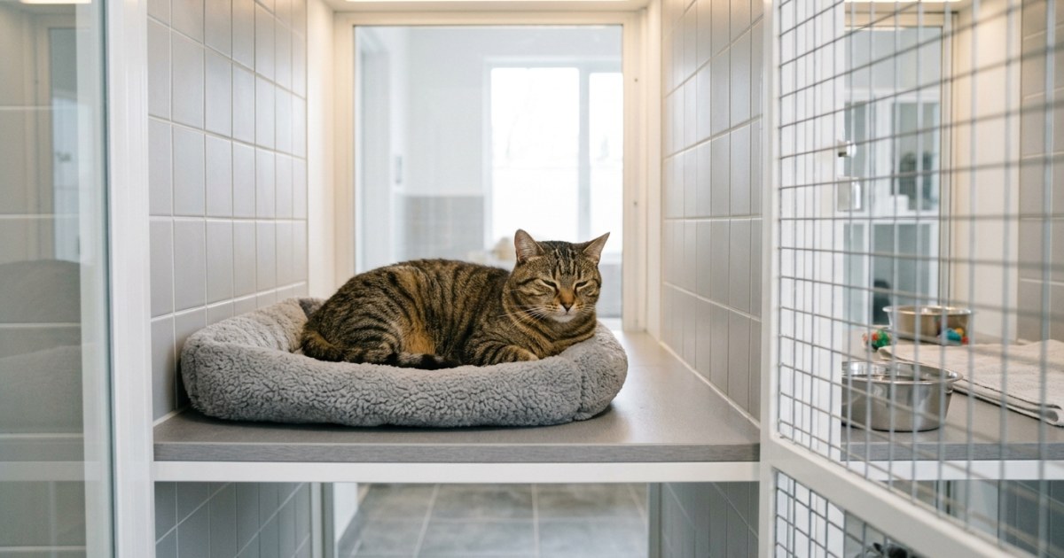 Tabby cat resting comfortably inside a bright clean quarantine kennel