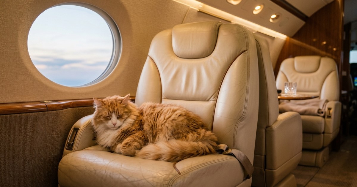 Relaxed cat resting on a private jet leather seat
