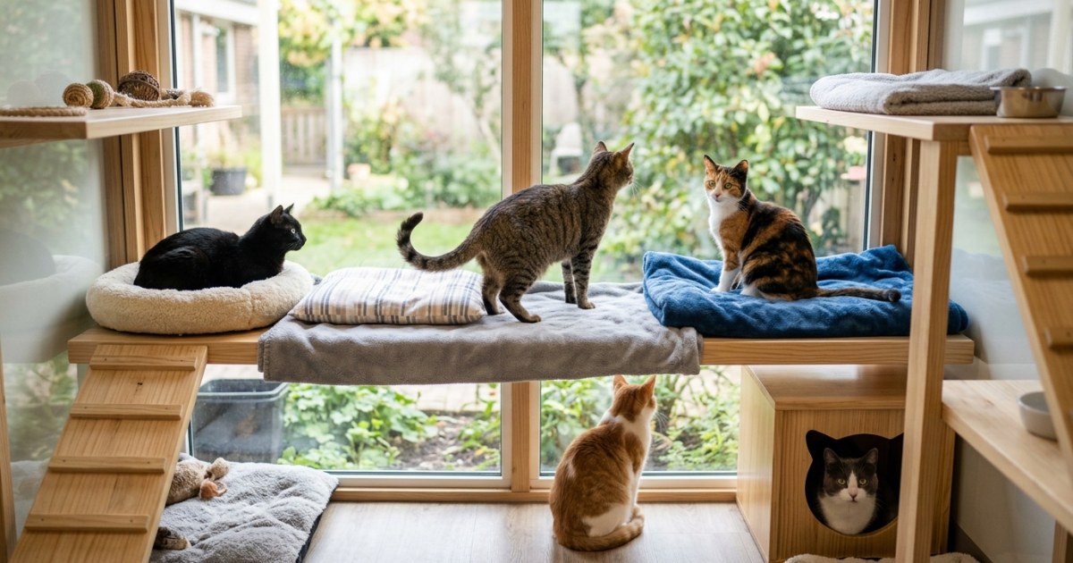Several cats in a shelter environment waiting to be adopted by new owners
