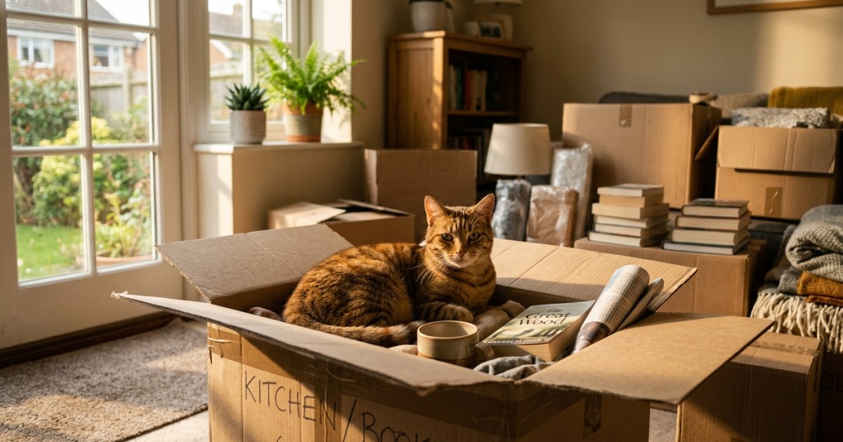 A relaxed tabby cat sitting inside an open cardboard moving box surrounded by packed household items in warm afternoon light