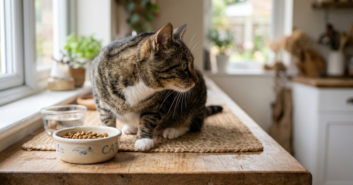 Domestic cat sniffing a food bowl and turning away