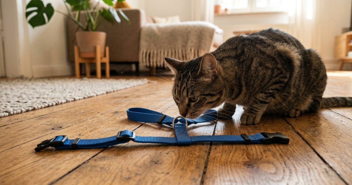 Cat sniffing and investigating a harness placed on apartment floor