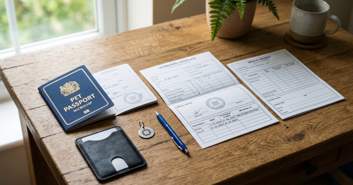 Pet passport and veterinary health documents laid out on a wooden desk