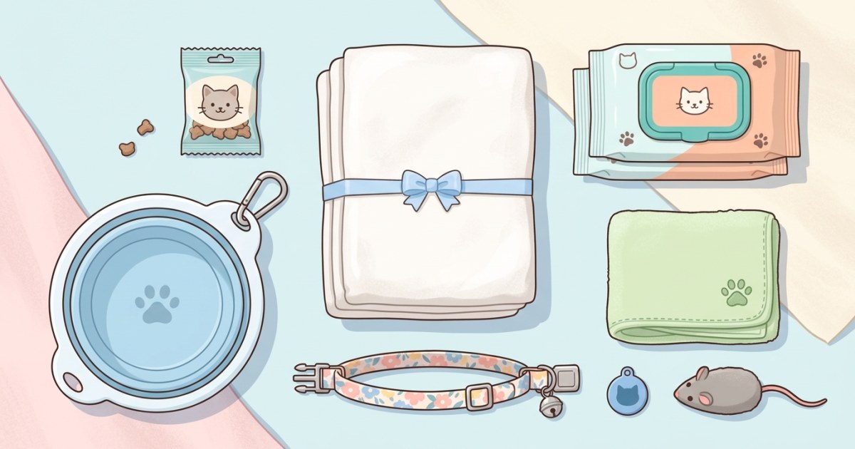 Flat lay illustration of cat travel emergency kit items including wipes and pads
