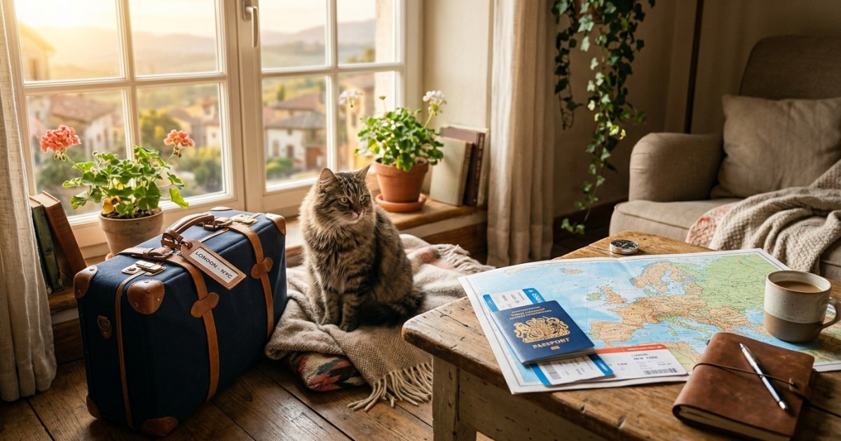 A tabby cat sitting beside a packed suitcase and travel documents, ready for an international move to New Zealand