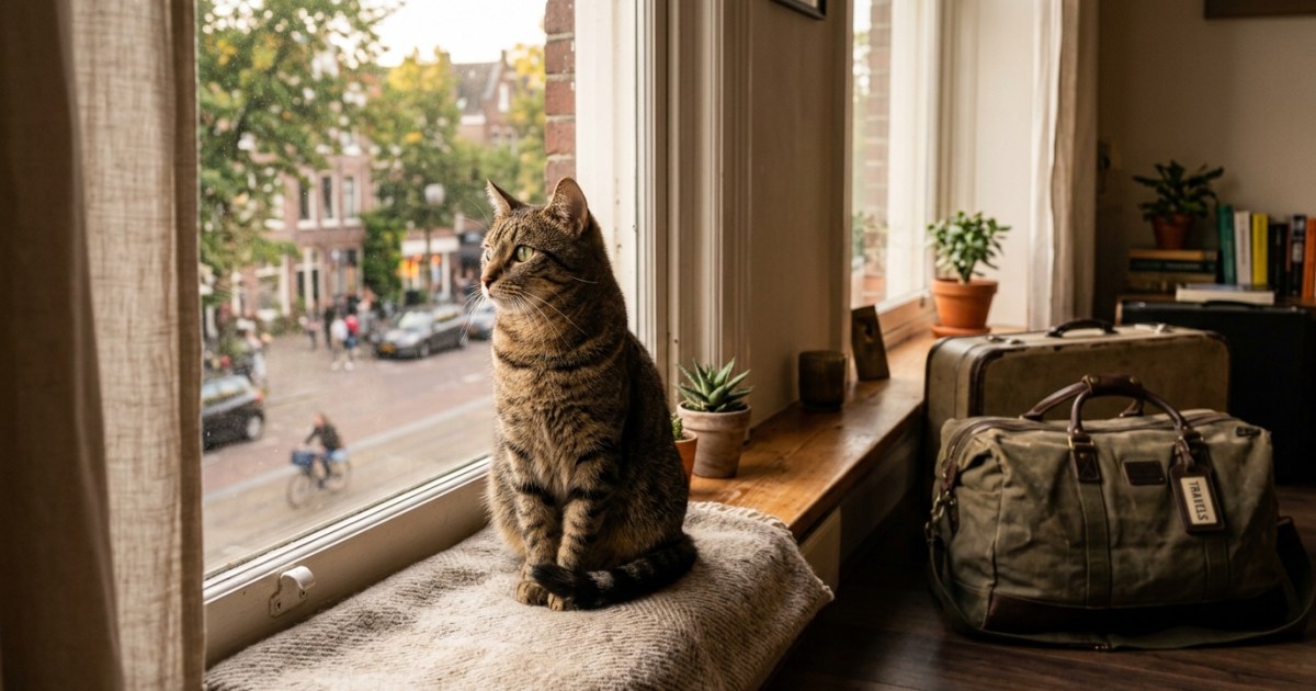 Cat sitting on windowsill gazing outside while travel bag sits nearby