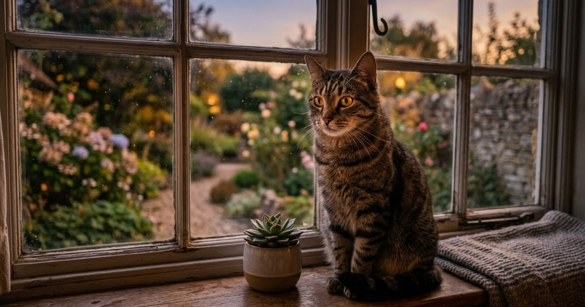 A tabby cat sitting on a windowsill at golden hour, its luminous eyes catching the warm evening light