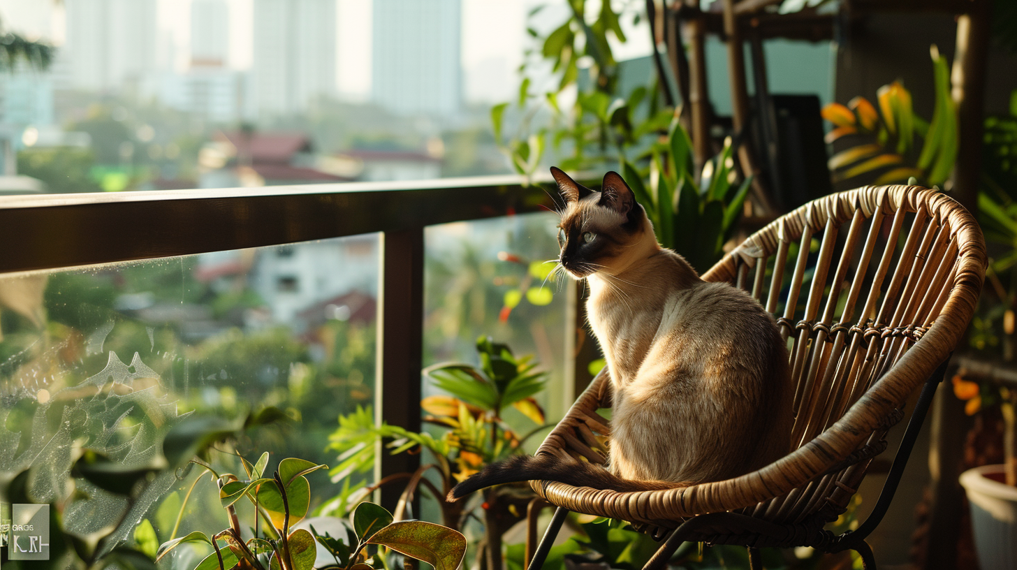 Cat looking out at a lush tropical Indonesian landscape with rice terraces