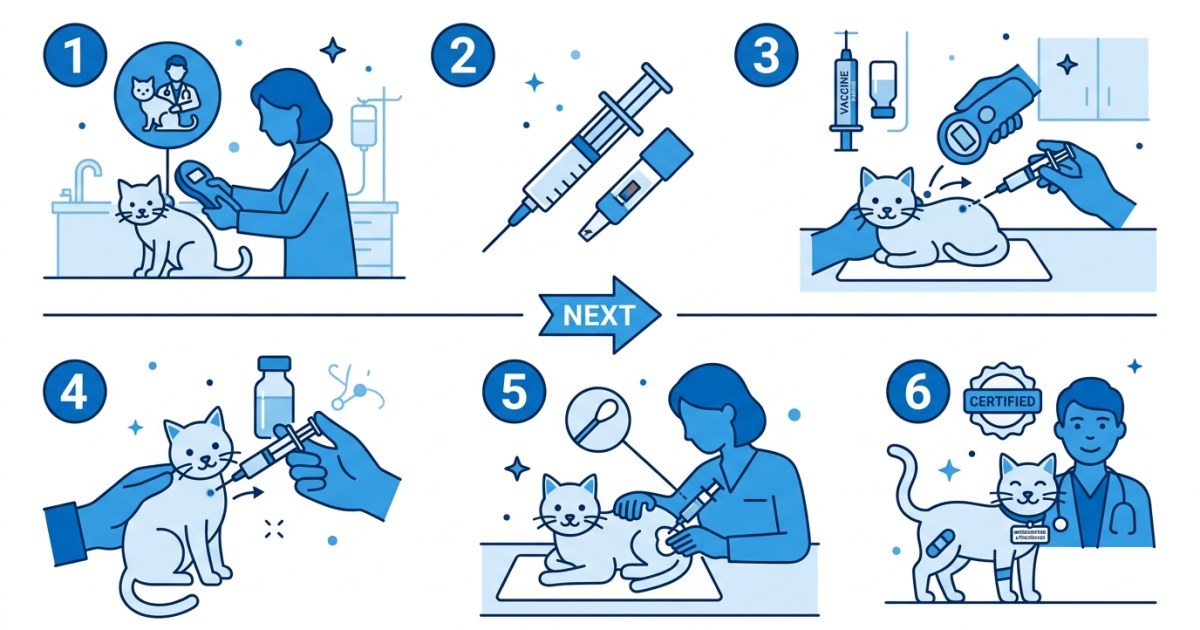 Illustration showing correct order of microchip then rabies vaccination steps
