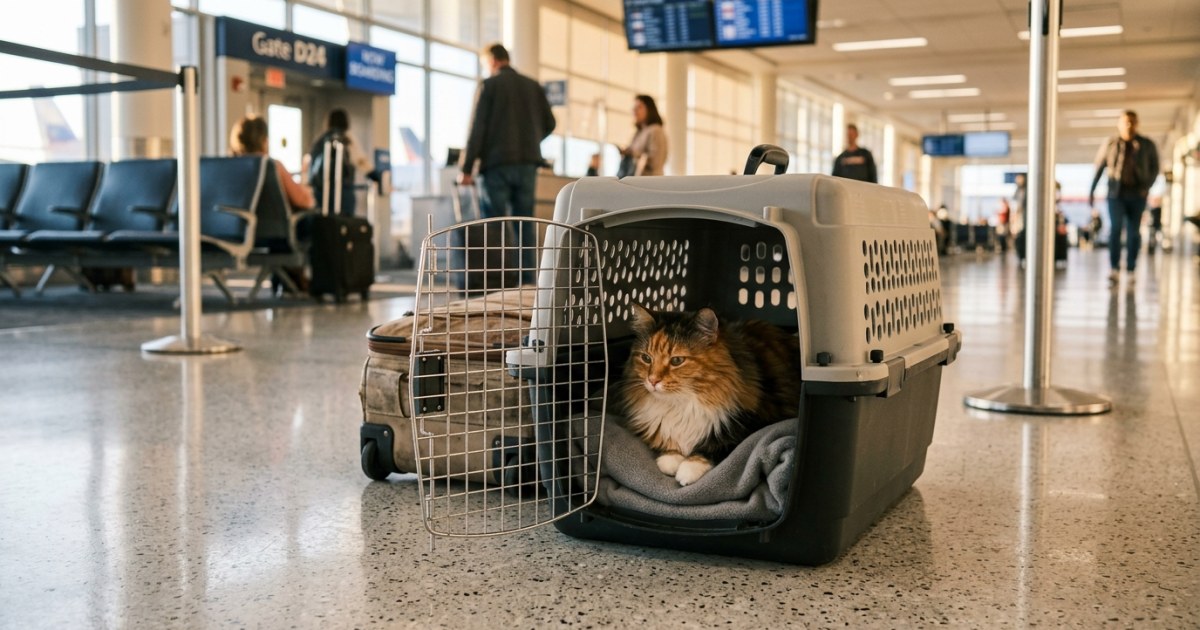 Cat resting inside an airline approved hard shell pet carrier at an airport
