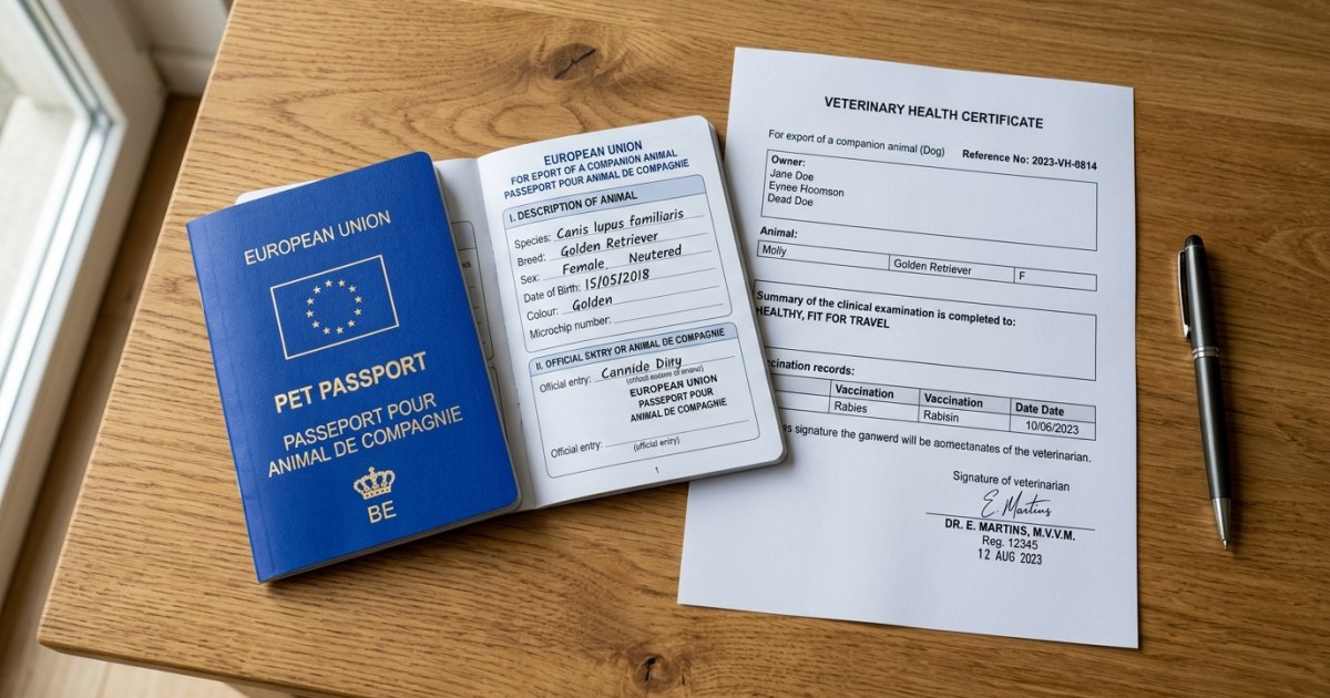 EU pet passport and official health certificate laid flat on a desk