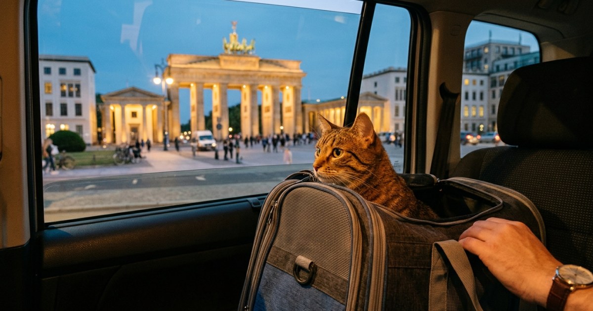 Cat traveling to Germany with Brandenburg Gate in background