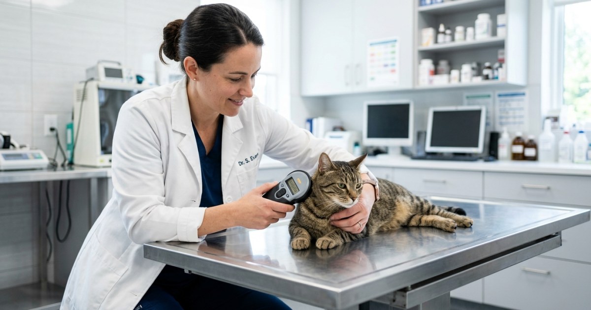Vet scanning a microchip on a cat lying on an examination table