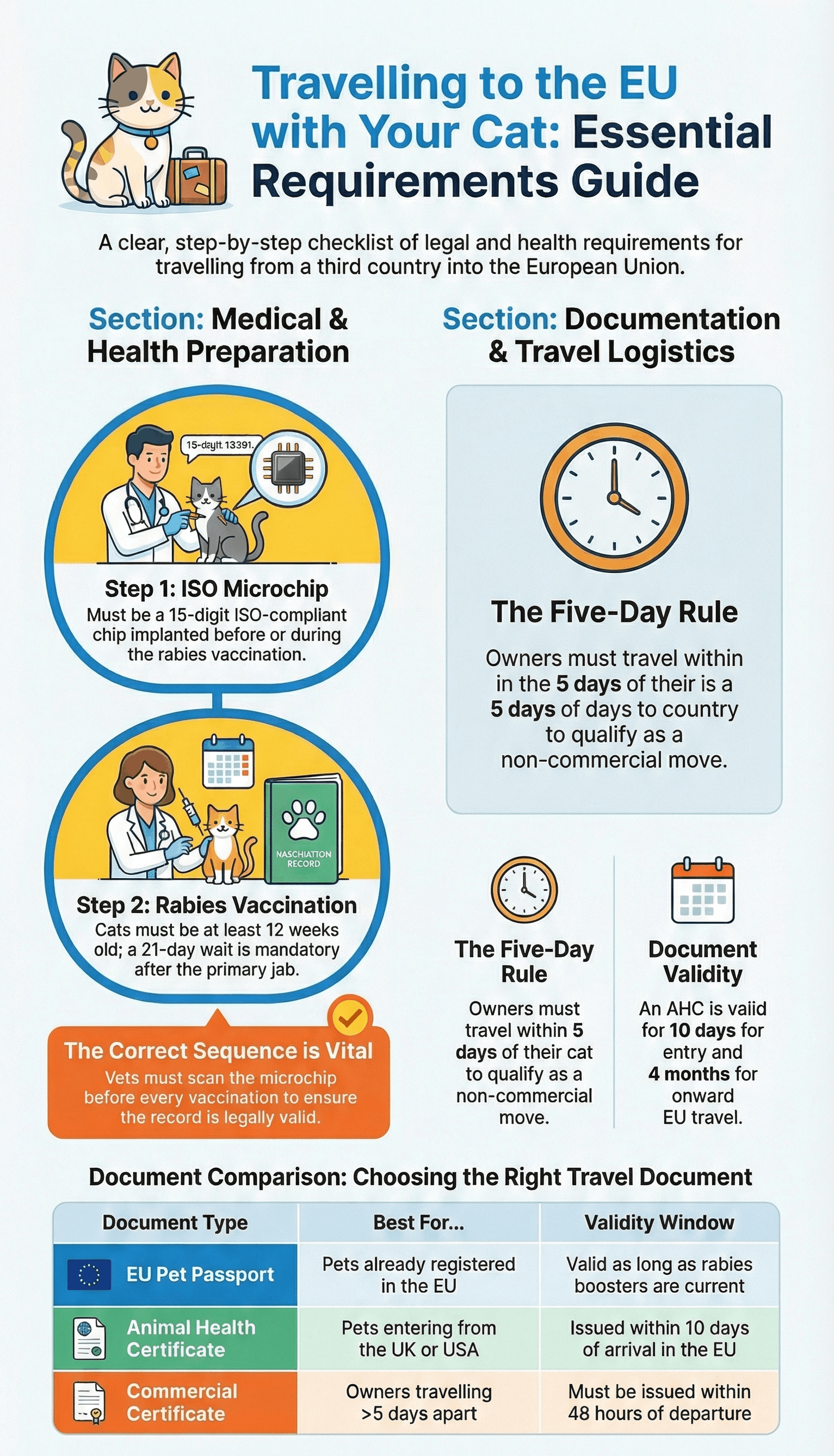 Infographic: Travelling to the EU with Your Cat - Essential Requirements Guide showing microchip and vaccination sequence, the five-day rule, document validity, and comparison of EU Pet Passport vs Animal Health Certificate vs Commercial Certificate