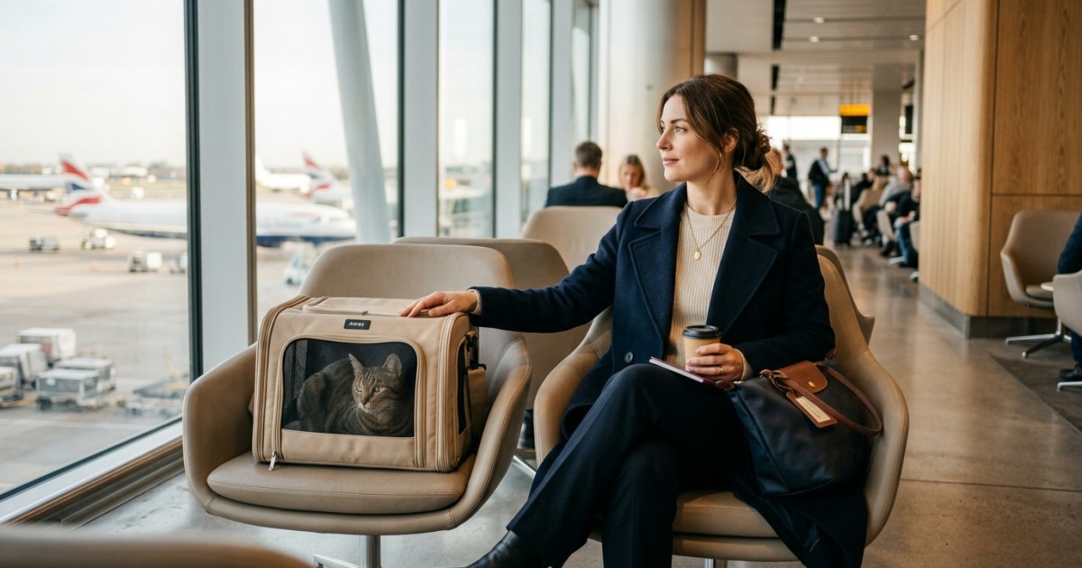 A calm tabby cat resting in a soft-sided pet carrier in a bright airport departure lounge beside its owner