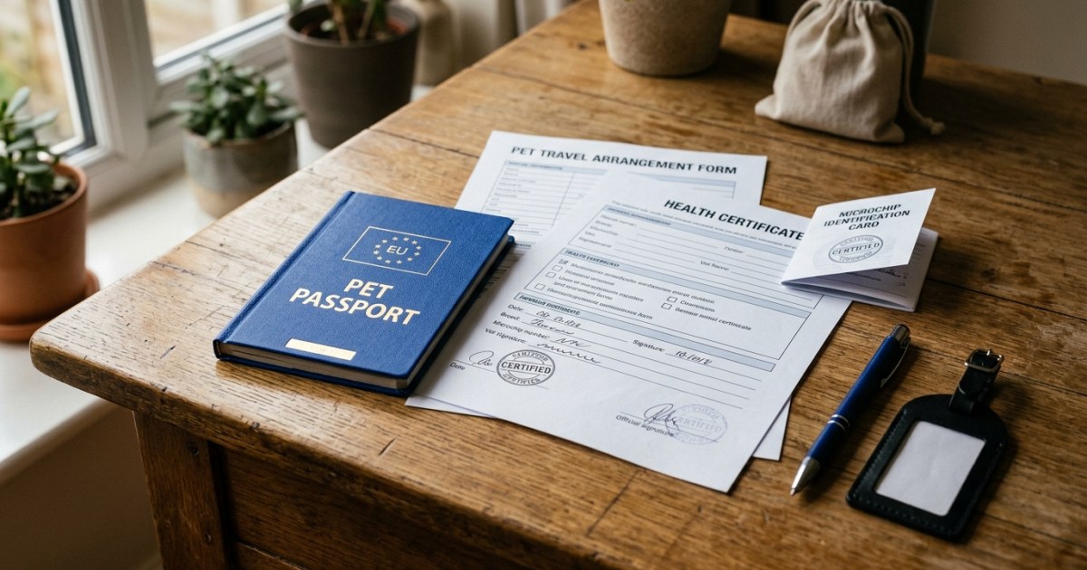 Official pet health certificate and EU pet passport documents laid on a desk