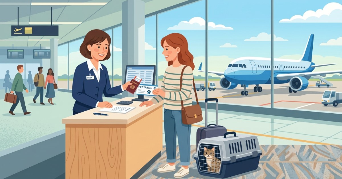 Illustration of a pet relocation agent assisting a cat owner with paperwork