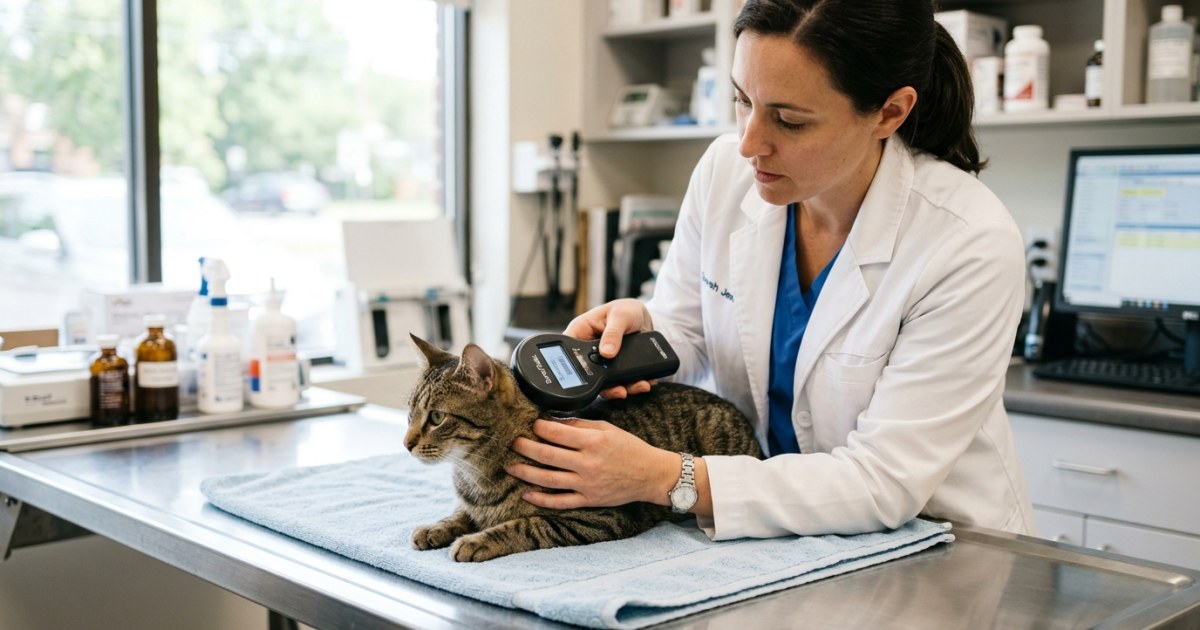 A veterinarian scanning a cats microchip with a handheld scanner in a clinic