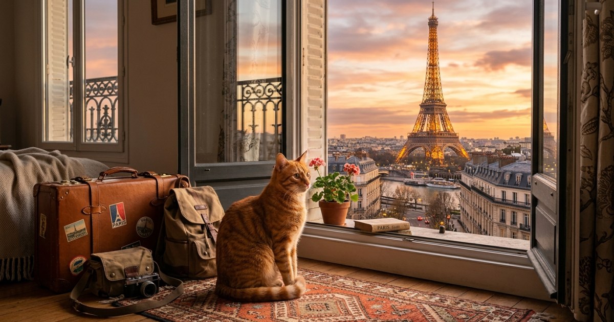 Ginger tabby cat beside a French window with Eiffel Tower view at sunset — moving to France with a cat guide 2026
