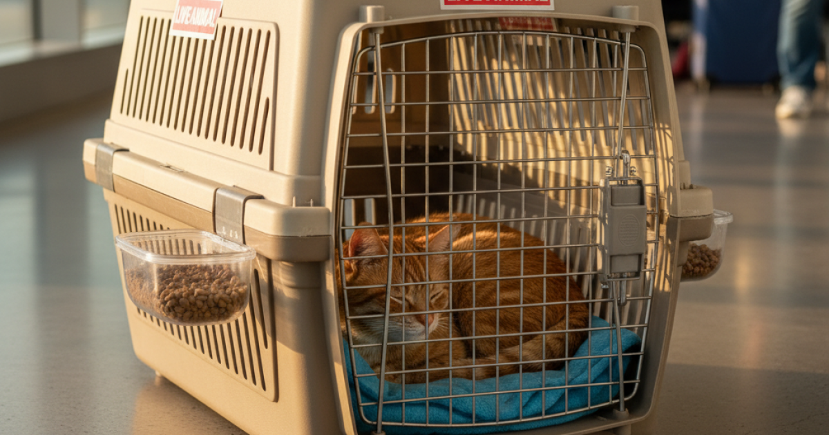 An IATA-compliant pet travel crate with a cat inside, showing proper ventilation, food bowls, and 'LIVE ANIMAL' labels