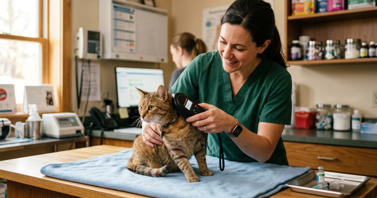 Veterinarian scanning a microchip on a cat before administering rabies vaccination