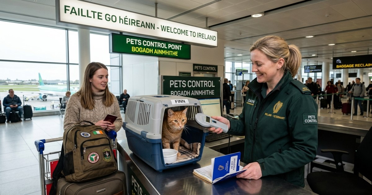 Customs officer at an Irish airport inspecting a pet carrier at a designated entry point