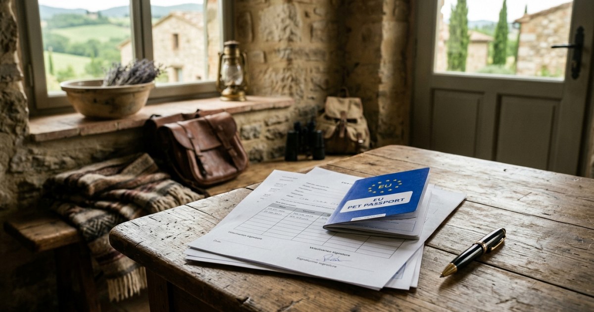 Official veterinary health certificate and EU pet passport documents on a desk
