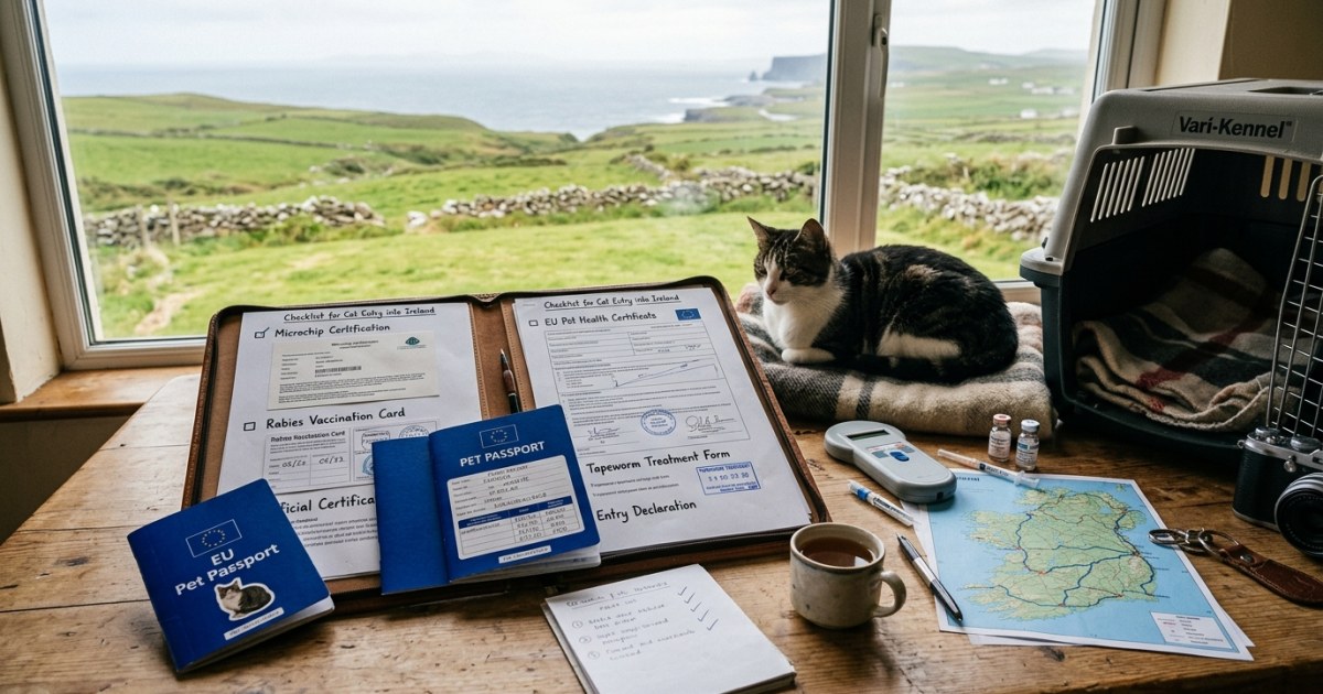Illustrated checklist showing required documents for importing a cat to Ireland in 2026