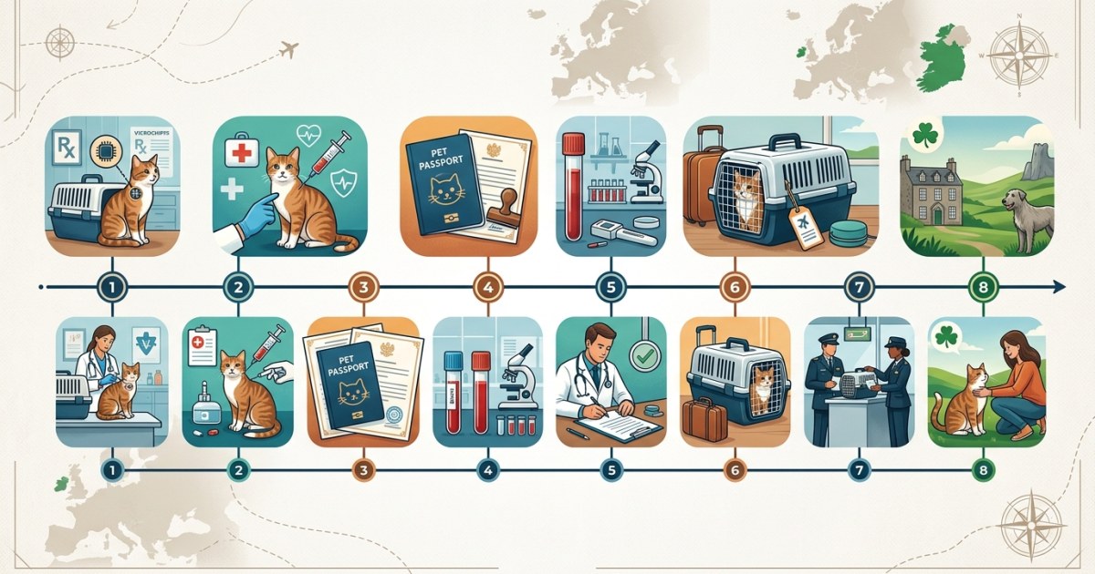 Illustrated timeline showing chronological steps for importing a cat to Ireland