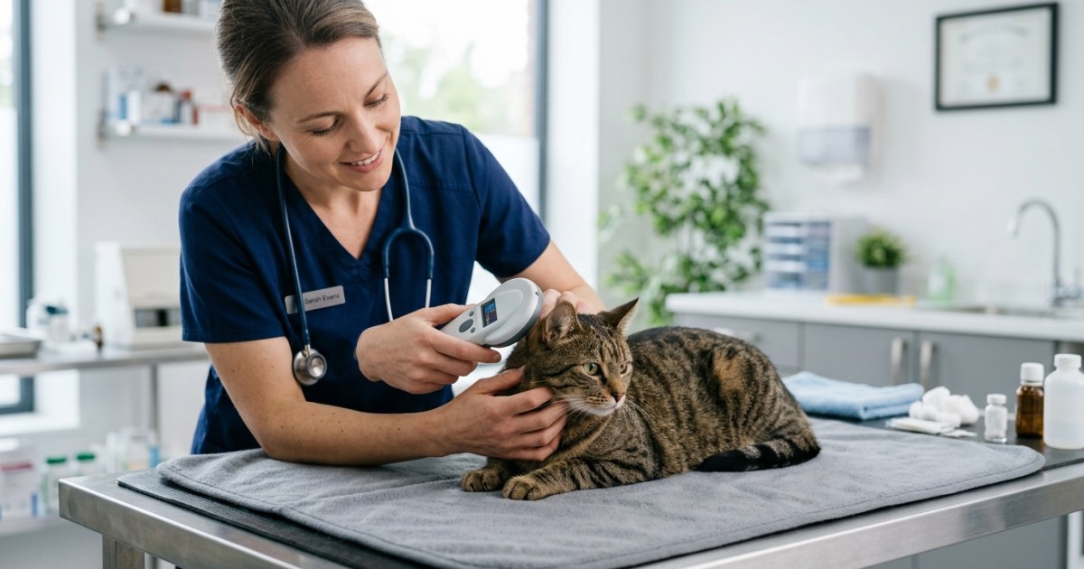 Veterinarian scanning a microchip on a cat before administering rabies vaccination