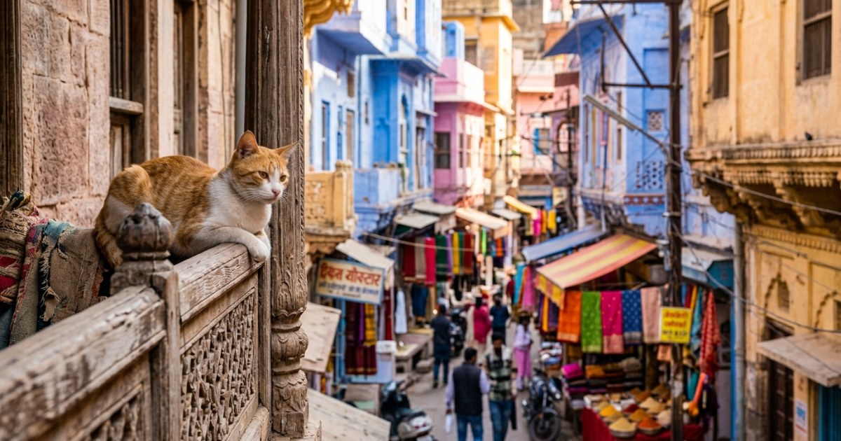 Cat looking at Taj Mahal at sunrise