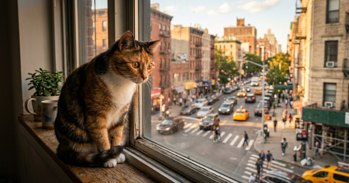 Indoor cat sitting on windowsill watching busy city street below
