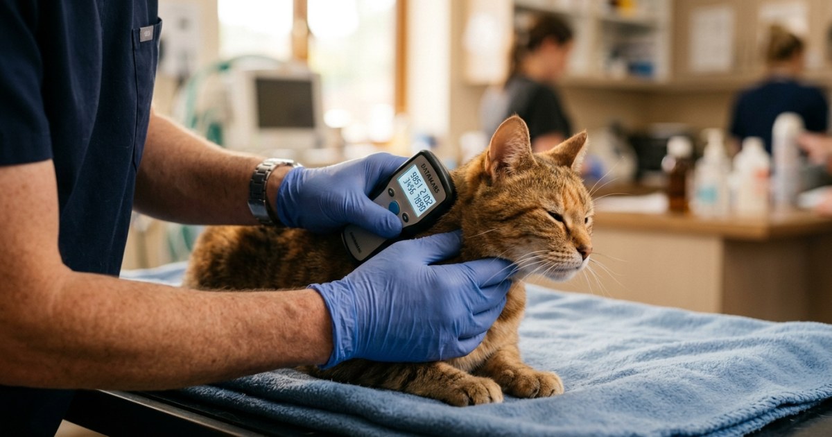 Veterinarian using a handheld scanner to read a microchip on a cat's neck, with a digital display showing a 15-digit number