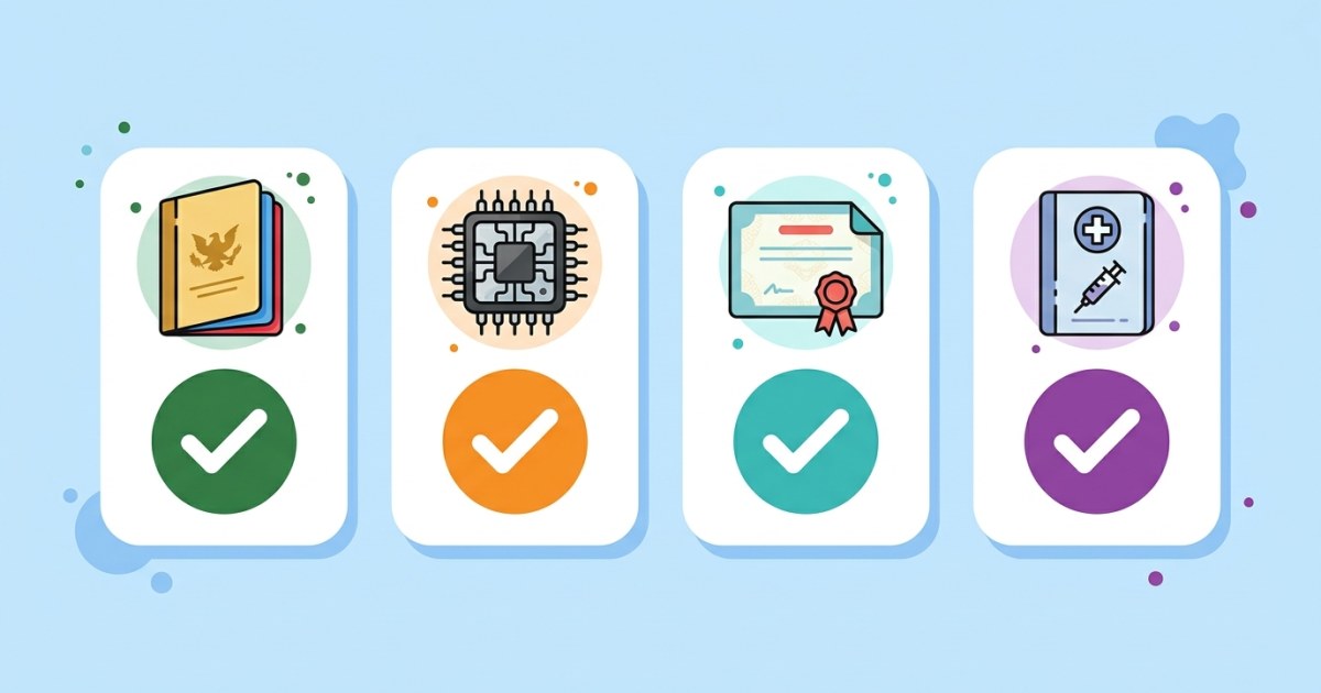 Icons representing passport microchip and vaccination documents