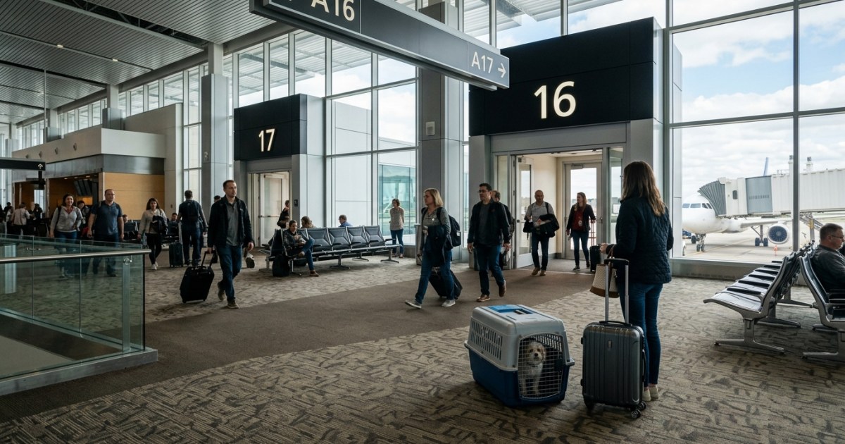 Pet travel carrier at an Italian airport arrival gate