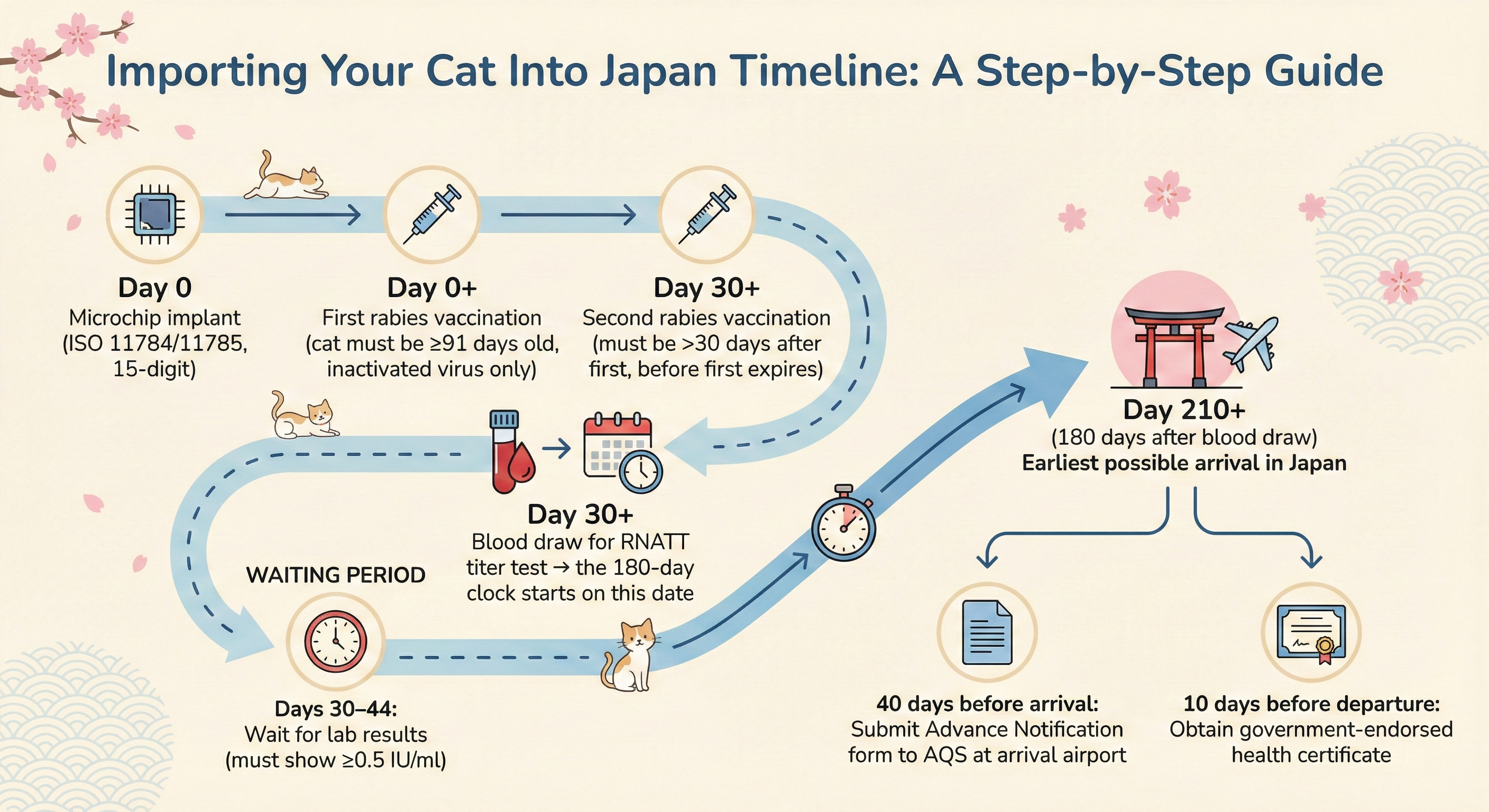 Visual timeline infographic showing the 7-month Japan pet import process