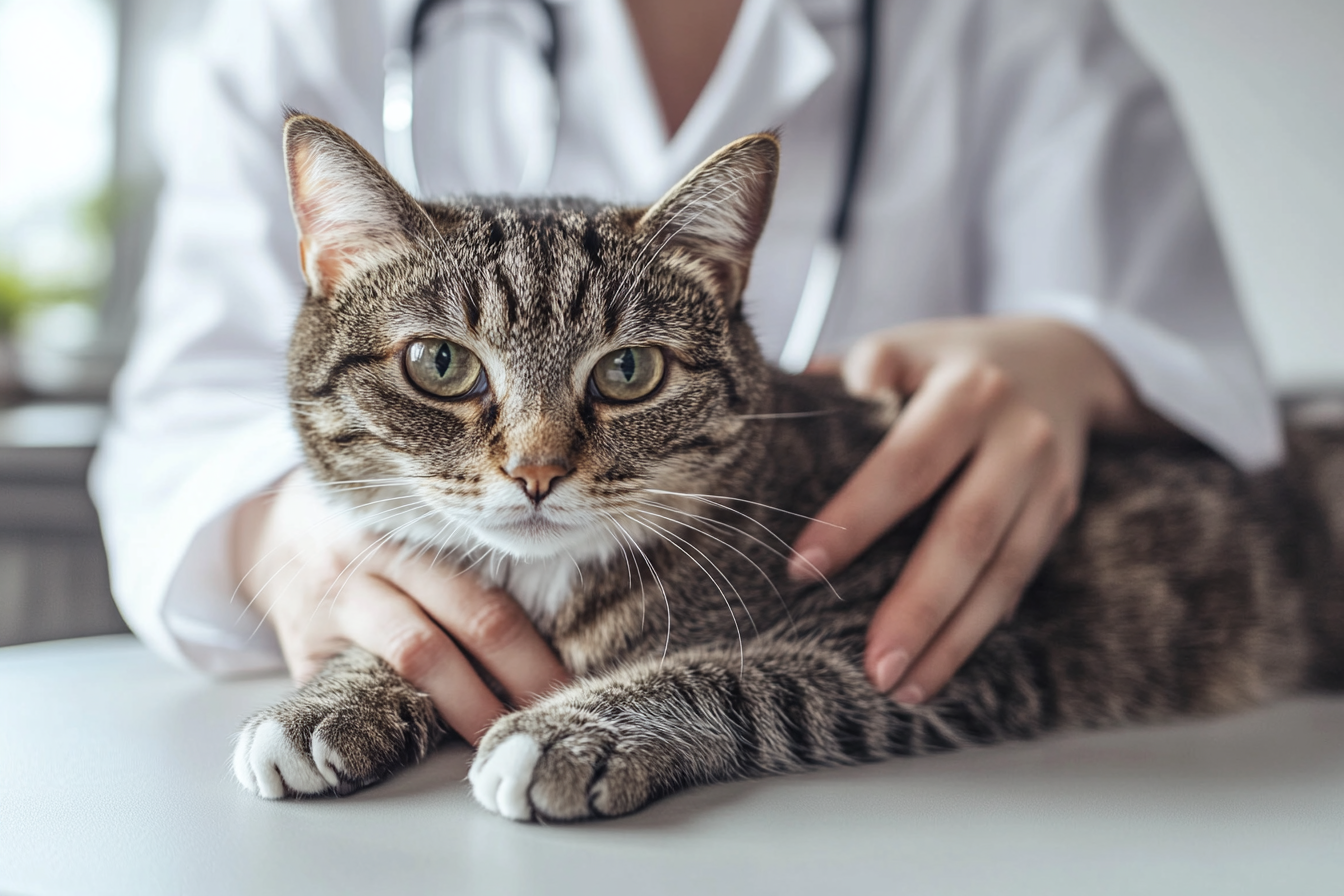 Veterinarian administering rabies vaccination to a cat in a modern clinic