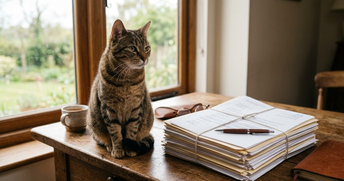 Cat sitting near official import permit paperwork on a desk