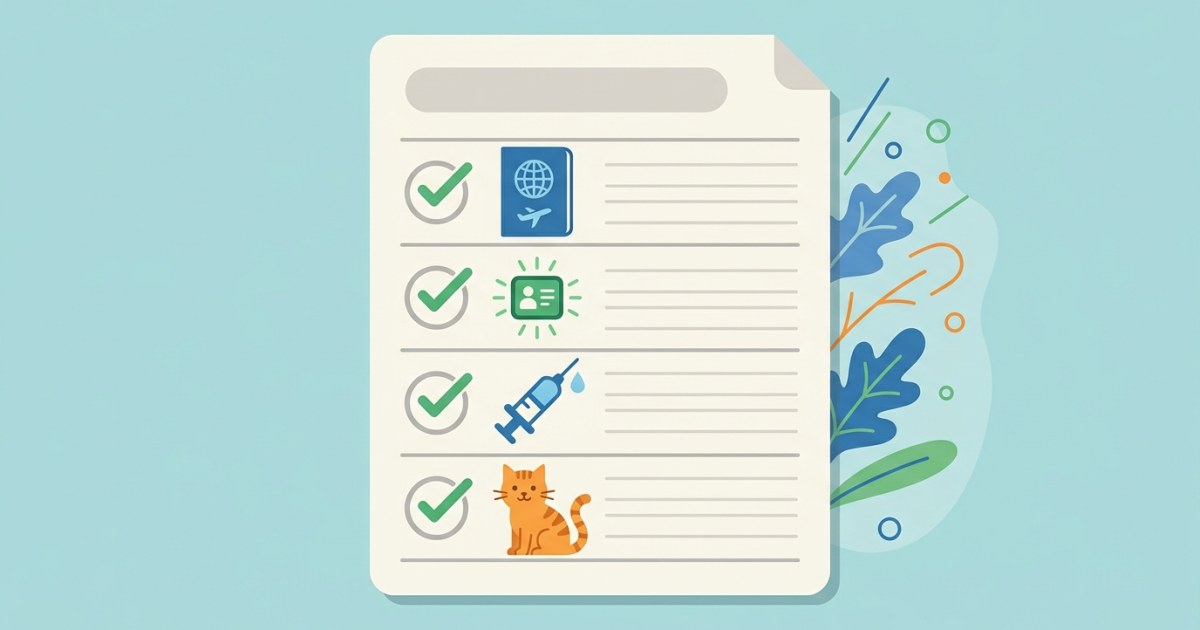 Illustration of a checklist with passport microchip and vaccine icons