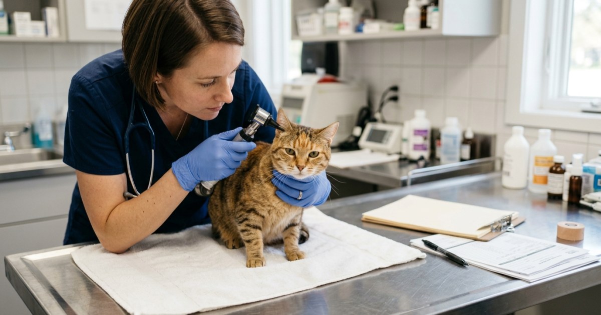 Veterinarian reviewing a health certificate with a cat on exam table