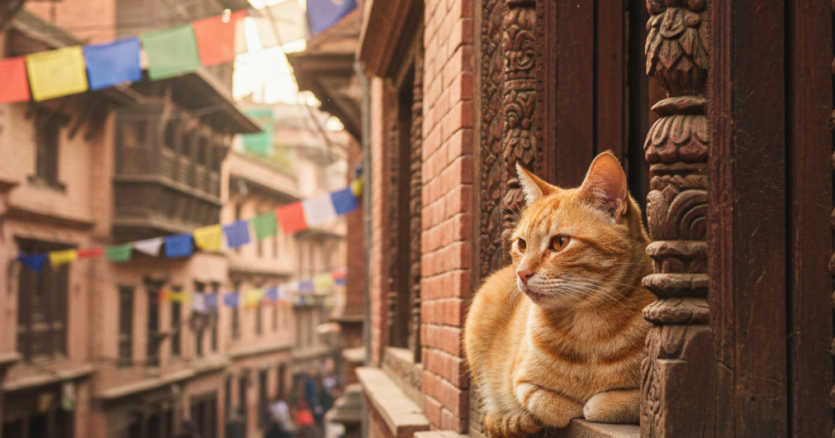 A ginger cat looking out from a traditional Nepali window in Bhaktapur, with prayer flags gently swaying outside, signifying a new home in Nepal.