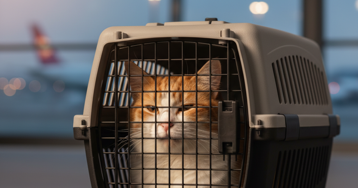A domestic cat comfortably resting inside an IATA-compliant travel crate, looking out