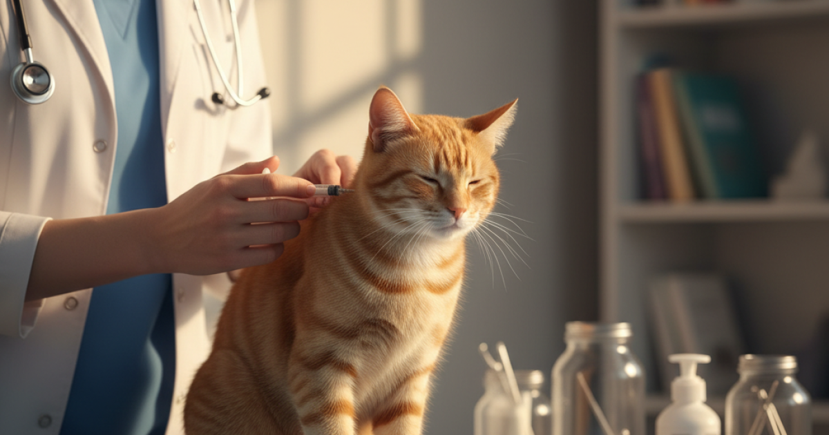 Veterinarian implanting a microchip into a cat's neck during a check-up