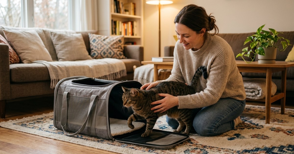 Owner gently placing a calm cat into a luxury travel carrier at home