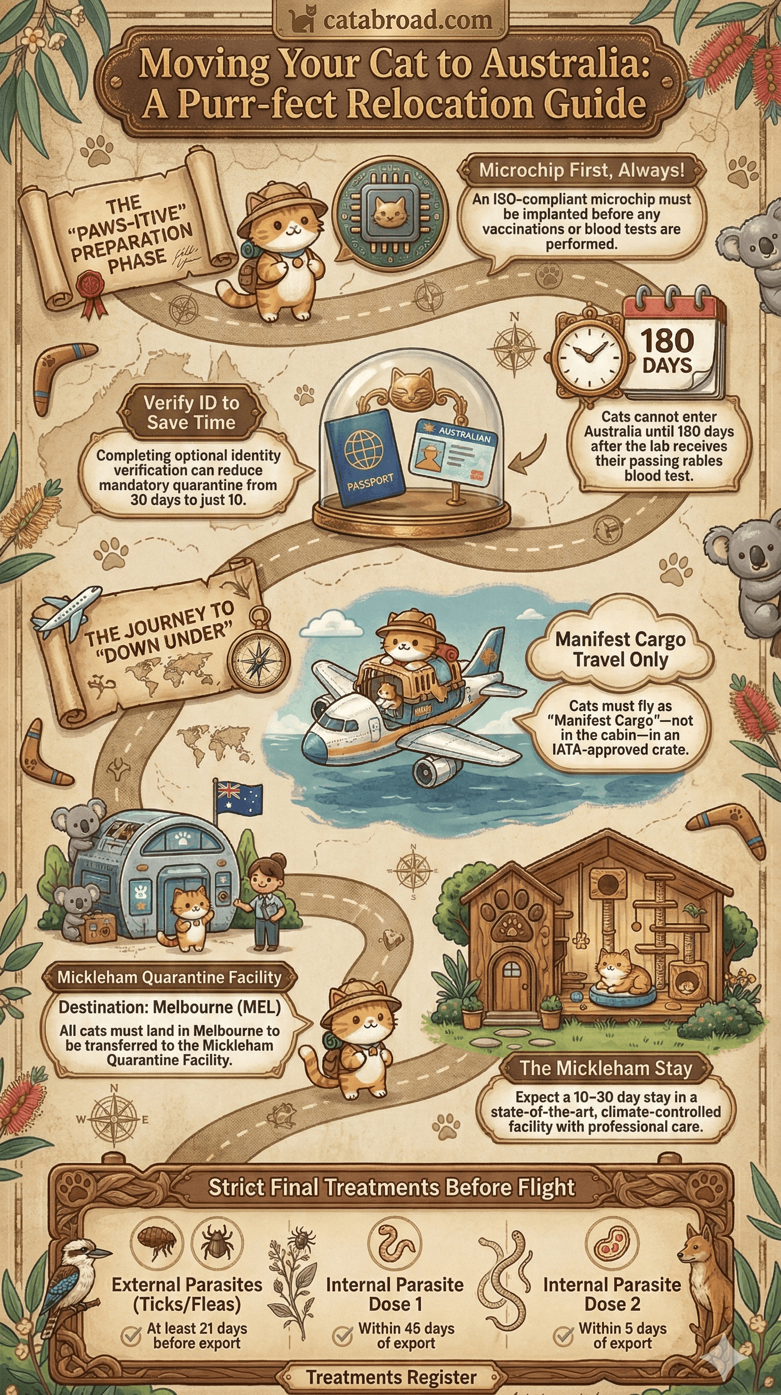 Moving Your Cat to Australia infographic &mdash; complete step-by-step relocation guide covering microchip, titer test, 180-day wait, manifest cargo, and Mickleham quarantine