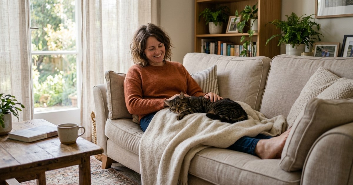 Happy person relaxing on sofa with cat resting on their lap