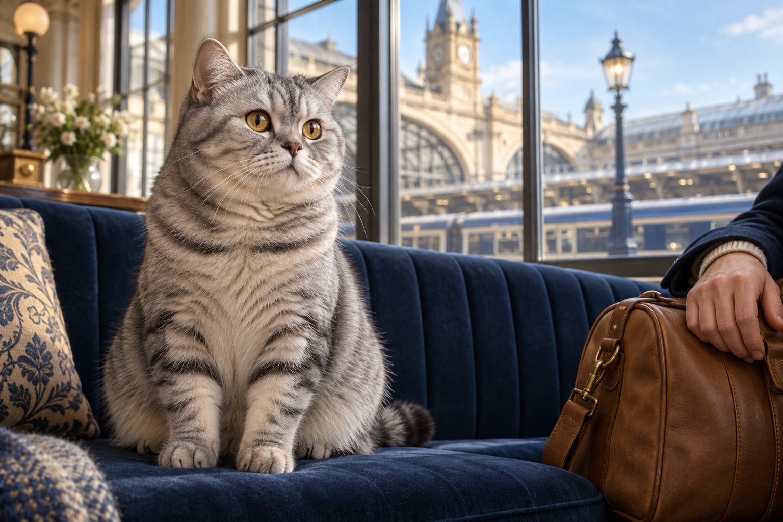 Silver tabby British Shorthair on a navy bench in a British departure lounge beside its owner’s travel bag